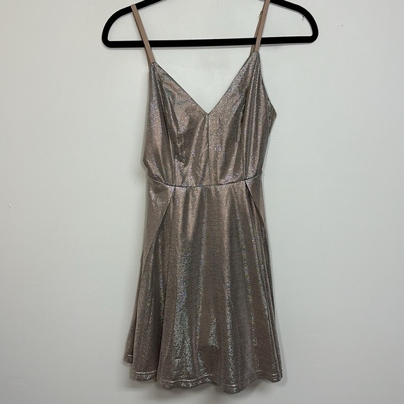 Lulus Keeps Getting Better Metallic Gold Skater Dress XS - Picture 2 of 6